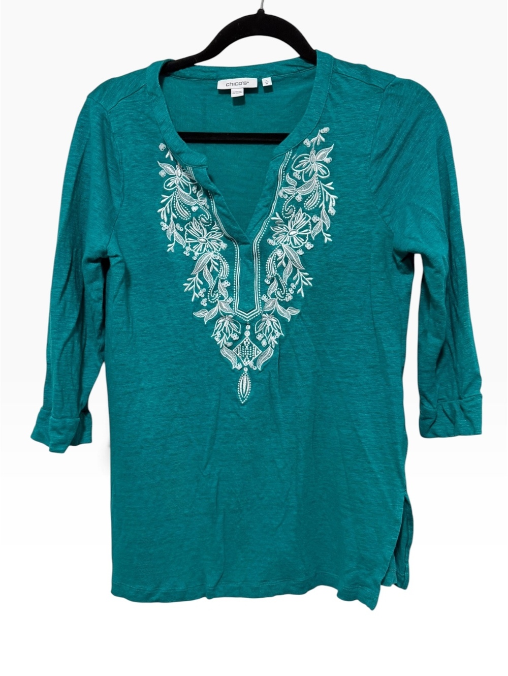 Chico's Teal Embroidered V-Neck Tunic Top (US M)